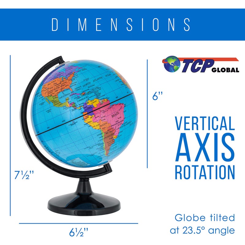 TCP Global 6" Blue Ocean World Globe with Black Base - Compact Mini Political Globe, Vertical Axis Rotation - Fun, Educational, Learn Earth Geography - School, Home Office, Shelf Desktop Display - Image 2